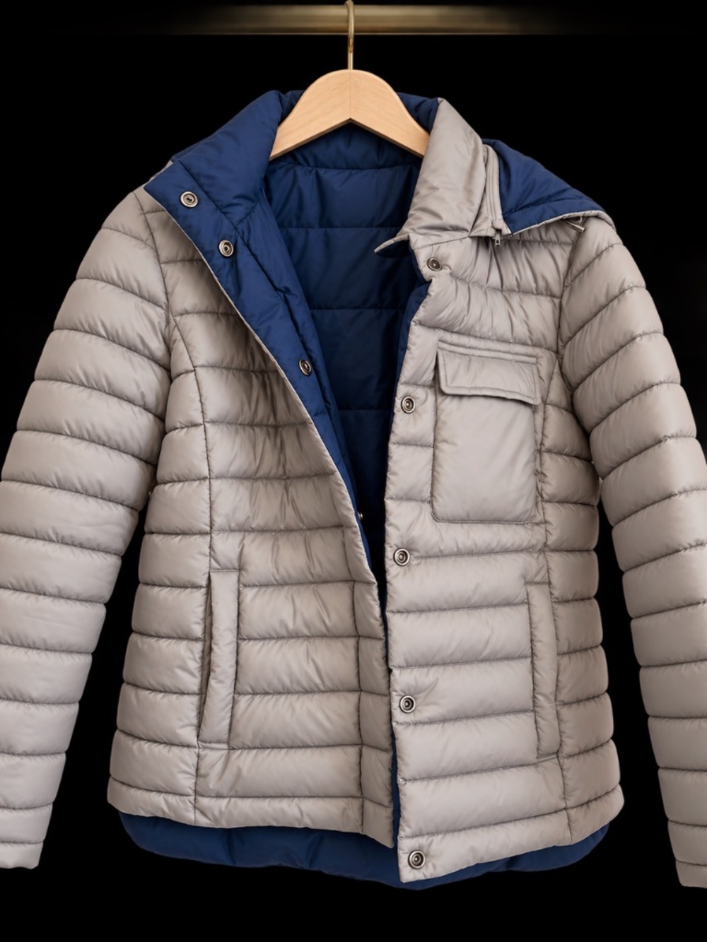 Zella Gray Navy Quilted Puffer Jacket Removable Hood Size Small